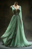 Ndyad A-Line V Neckline Green Tulle Long Prom Dress Sweet Beaded Evening Dress HZ1024