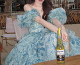 Evafashion A-Line off-shoulder organza print Long Prom Dress Birthday Adult Ceremony Dress HZ1024