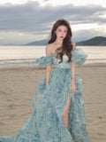 Evafashion A-Line off-shoulder organza print Long Prom Dress Birthday Adult Ceremony Dress HZ1024