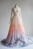 Ndyad Chiffon Applique Long Sleeve Wedding Dress Round Neck Sequin Tulle Long Prom Dress HZ1024