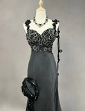 Ndyad Black Mermaid Satin Beaded Sequin Long Prom Dress, Sweetheart Neck Evening Dress HZ1024