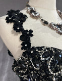 Ndyad Black Mermaid Satin Beaded Sequin Long Prom Dress, Sweetheart Neck Evening Dress HZ1024