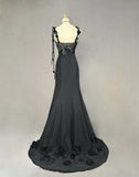 Ndyad Black Mermaid Satin Beaded Sequin Long Prom Dress, Sweetheart Neck Evening Dress HZ1024