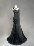 Ndyad Black Mermaid Satin Beaded Sequin Long Prom Dress, Sweetheart Neck Evening Dress HZ1024
