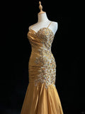Ndyad Green Mermaid Spaghetti Strap Satin Beaded Sequin Long Prom Dress Sweetheart Neck Evening Dress HZ1024