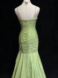Ndyad Green Mermaid Spaghetti Strap Satin Beaded Sequin Long Prom Dress Sweetheart Neck Evening Dress HZ1024