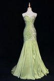 Ndyad Green Mermaid Spaghetti Strap Satin Beaded Sequin Long Prom Dress Sweetheart Neck Evening Dress HZ1024