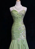 Ndyad Green Mermaid Spaghetti Strap Satin Beaded Sequin Long Prom Dress Sweetheart Neck Evening Dress HZ1024