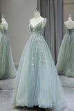 Ndyad V Neck Tulle Beaded Applique Long Prom Dress, Spaghetti Strap Formal Evening Dress HZ1024