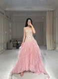 Ndyad Mermaid Strapless Tulle Sequined Long Prom Dress, Sweet Embroidered Applique Wedding Dress HZ1024