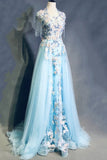 Ndyad Sky Blue A-Line Tulle Beading Embroidery Appliques Long Prom Dress Pageant Gown HZ1024