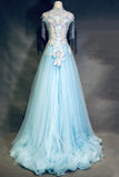 Ndyad Sky Blue A-Line Tulle Beading Embroidery Appliques Long Prom Dress Pageant Gown HZ1024