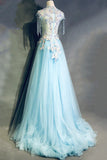 Ndyad Sky Blue A-Line Tulle Beading Embroidery Appliques Long Prom Dress Pageant Gown HZ1024
