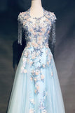 Ndyad Sky Blue A-Line Tulle Beading Embroidery Appliques Long Prom Dress Pageant Gown HZ1024