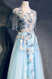 Ndyad Sky Blue A-Line Tulle Beading Embroidery Appliques Long Prom Dress Pageant Gown HZ1024