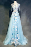 Ndyad Sky Blue A-Line Tulle Beading Embroidery Appliques Long Prom Dress Pageant Gown HZ1024