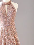 Ndyad Halter Neck Sequined Tulle Long Prom Dress, Formal Evening Dress HZ1024