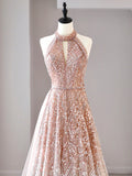 Ndyad Halter Neck Sequined Tulle Long Prom Dress, Formal Evening Dress HZ1024