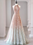 Ndyad Halter Neck Sequined Tulle Long Prom Dress, Formal Evening Dress HZ1024