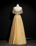 Ndyad A-Line Tulle Beading Sequins Long Prom Dress Lotus Leaf Sleeve Evening Dress HZ1024