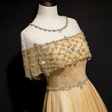 Ndyad A-Line Tulle Beading Sequins Long Prom Dress Lotus Leaf Sleeve Evening Dress HZ1024