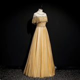 Ndyad A-Line Tulle Beading Sequins Long Prom Dress Lotus Leaf Sleeve Evening Dress HZ1024