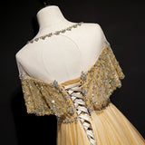 Ndyad A-Line Tulle Beading Sequins Long Prom Dress Lotus Leaf Sleeve Evening Dress HZ1024
