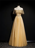 Ndyad A-Line Tulle Beading Sequins Long Prom Dress Lotus Leaf Sleeve Evening Dress HZ1024