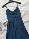 Ndyad Blue Mermaid Spaghetti Strap Tulle Beading Long Prom Dress V-Neck Vintage Party Dress HZ1024