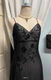 Ndyad Blue Mermaid Spaghetti Strap Tulle Beading Long Prom Dress V-Neck Vintage Party Dress HZ1024