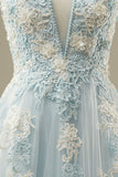 Ndyad Blue A-Line Spaghetti Strap Tulle Beading Long Prom Dress Sweet Embroidery Applique Evening Dress for Graduation HZ1024