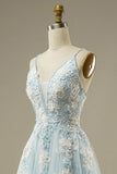 Ndyad Blue A-Line Spaghetti Strap Tulle Beading Long Prom Dress Sweet Embroidery Applique Evening Dress for Graduation HZ1024