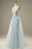 Ndyad Blue A-Line Spaghetti Strap Tulle Beading Long Prom Dress Sweet Embroidery Applique Evening Dress for Graduation HZ1024