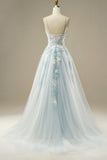 Ndyad Blue A-Line Spaghetti Strap Tulle Beading Long Prom Dress Sweet Embroidery Applique Evening Dress for Graduation HZ1024