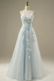 Ndyad Blue A-Line Spaghetti Strap Tulle Beading Long Prom Dress Sweet Embroidery Applique Evening Dress for Graduation HZ1024