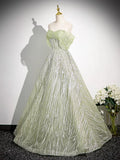 Evafashion A-Line Off the Shoulder Glittering Tulle Sequins Long Prom Dress Sweet 16 Dress HZ1024