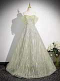 Evafashion A-Line Off the Shoulder Glittering Tulle Sequins Long Prom Dress Sweet 16 Dress HZ1024
