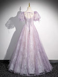 Ndyad Lilac A-Line Sweetheart Tulle Beaded Long Prom Dress Puffy Sleeves Graduation Dress HZ1024