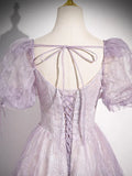 Ndyad Lilac A-Line Sweetheart Tulle Beaded Long Prom Dress Puffy Sleeves Graduation Dress HZ1024