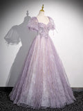 Ndyad Lilac A-Line Sweetheart Tulle Beaded Long Prom Dress Puffy Sleeves Graduation Dress HZ1024