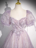 Ndyad Lilac A-Line Sweetheart Tulle Beaded Long Prom Dress Puffy Sleeves Graduation Dress HZ1024
