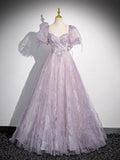 Ndyad Lilac A-Line Sweetheart Tulle Beaded Long Prom Dress Puffy Sleeves Graduation Dress HZ1024