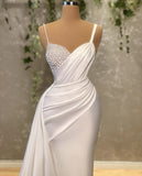 Ndyad White Mermaid Sweetheart Satin Beaded Long Prom Dress Formal Spaghetti Strap Evening Gown HZ1024