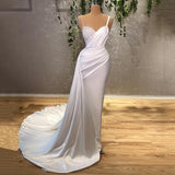 Ndyad White Mermaid Sweetheart Satin Beaded Long Prom Dress Formal Spaghetti Strap Evening Gown HZ1024