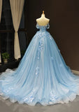 Ndyad Off-the-Shoulder Sweetheart Sweep Train Tulle Prom Dress, Sky Blue Applique Wedding Dress HZ1024