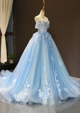 Ndyad Off-the-Shoulder Sweetheart Sweep Train Tulle Prom Dress, Sky Blue Applique Wedding Dress HZ1024