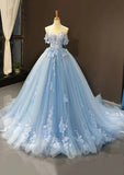 Ndyad Off-the-Shoulder Sweetheart Sweep Train Tulle Prom Dress, Sky Blue Applique Wedding Dress HZ1024