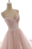 Evafashion A Line Spaghetti Strap Tulle Beaded Long Prom Dress Sweet Applique Wedding Dress HZ1024