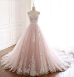 Evafashion A Line Spaghetti Strap Tulle Beaded Long Prom Dress Sweet Applique Wedding Dress HZ1024