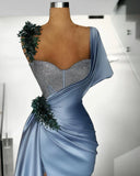 Ndyad Mermaid Sweetheart Satin Long Prom Dress Beaded One Shoulder Formal Evening Dress HZ1024